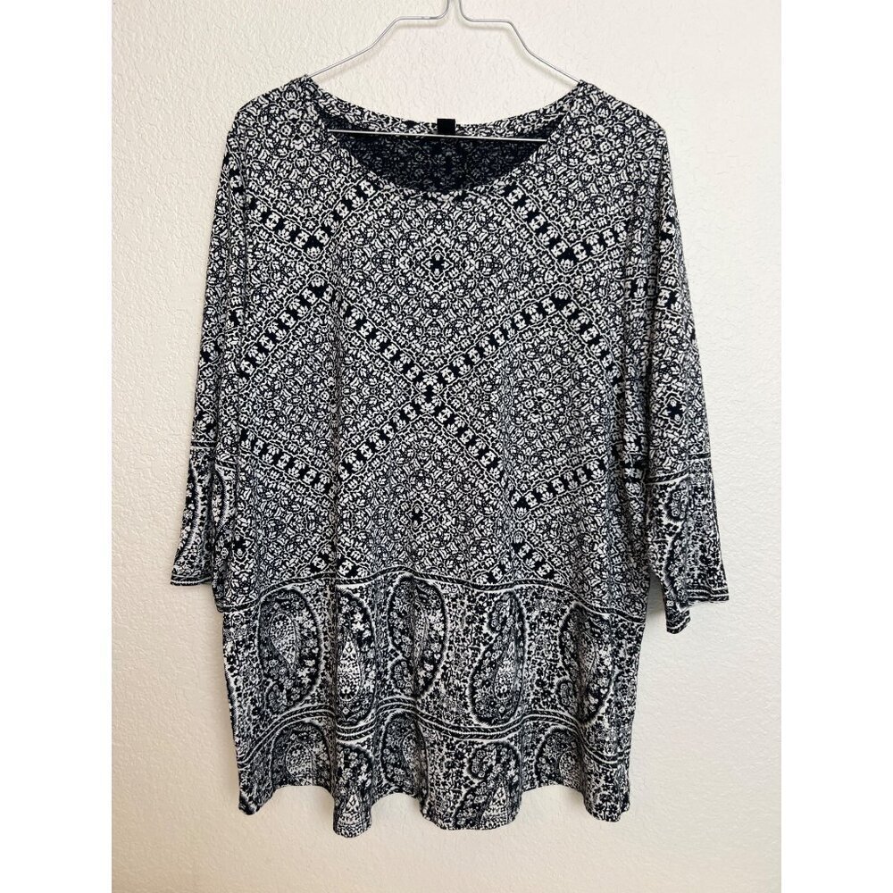 Lucky Brand Boho‎ Black White Boho Paisley Floral Print Top Pullover Size 1X